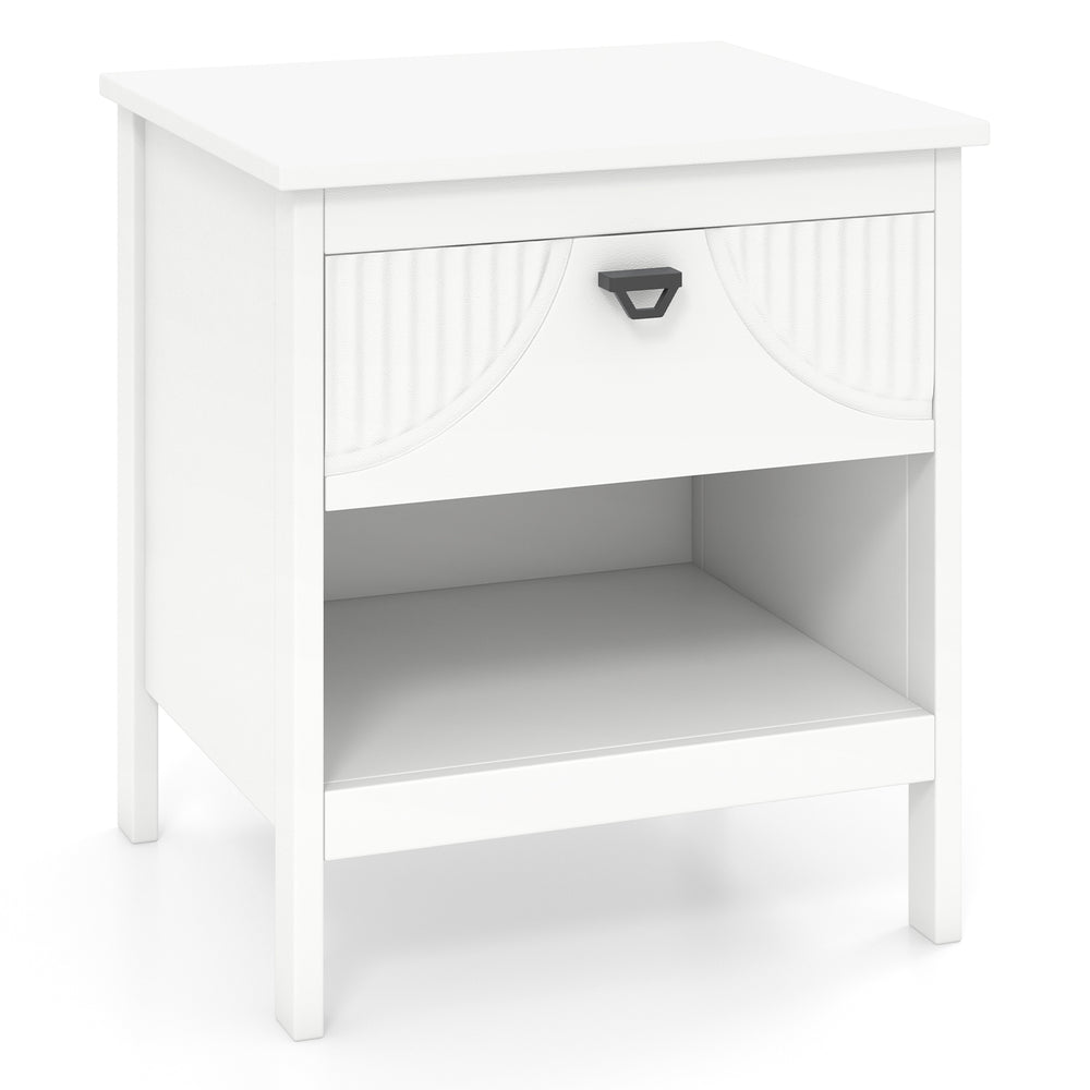 White 2-tier wood nightstand featuring a drawer and open shelf, ideal for versatile storage in small spaces.
