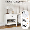 2-tier white wood nightstand with drawer and open shelf, featuring an anti-toppling device for added stability in.