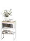 Compact white nightstand with flip-up door, 3-tier storage, and metal frame, perfect for modern living spaces.