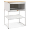 Compact white nightstand with flip-up door and storage shelf, featuring a sturdy metal frame for versatile home use.