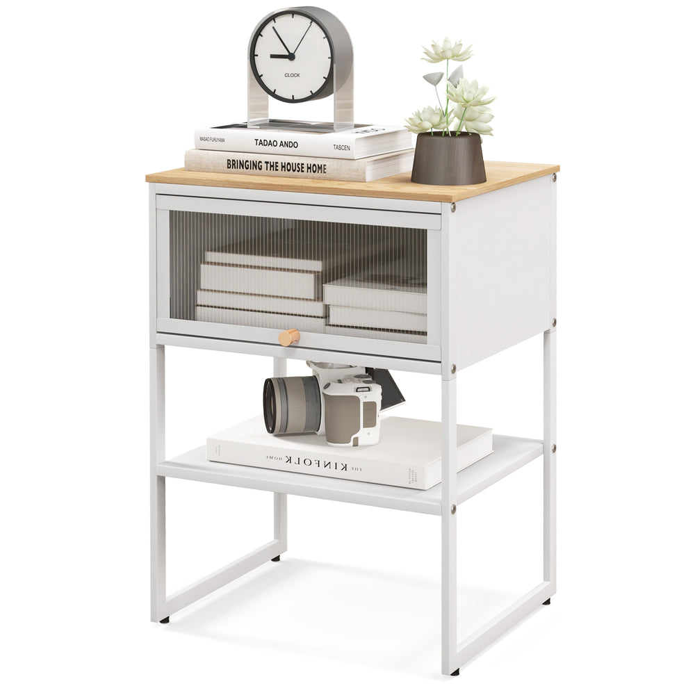 Compact white nightstand with flip-up door, 3-tier storage, sturdy metal frame, ideal for bedroom or living room use.