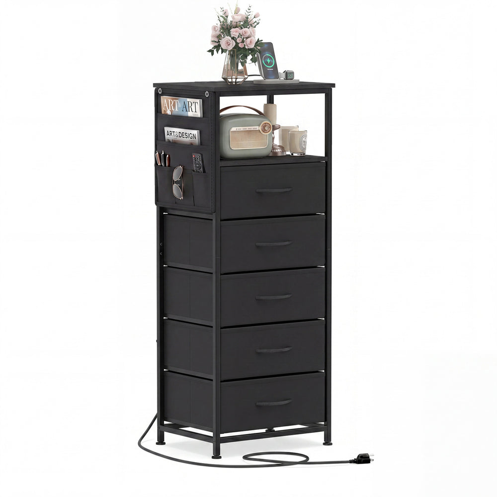 Black nightstand with integrated charging station, featuring a side pocket and 5 fabric drawers for added storage.