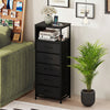 Modern black nightstand with integrated charging station, featuring 4 fabric drawers and a stylish wood-like surface.