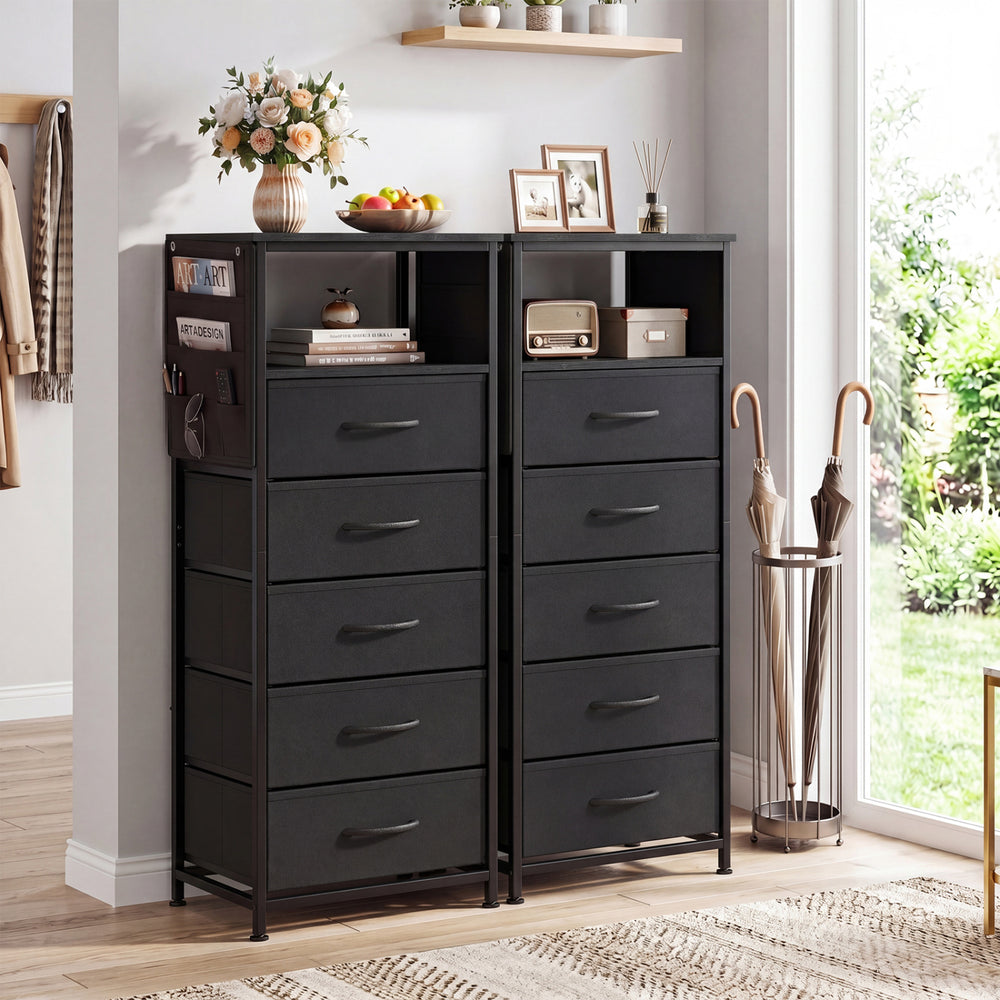 Modern black nightstand with integrated charging station, featuring 4 fabric drawers and open compartment for versatile.