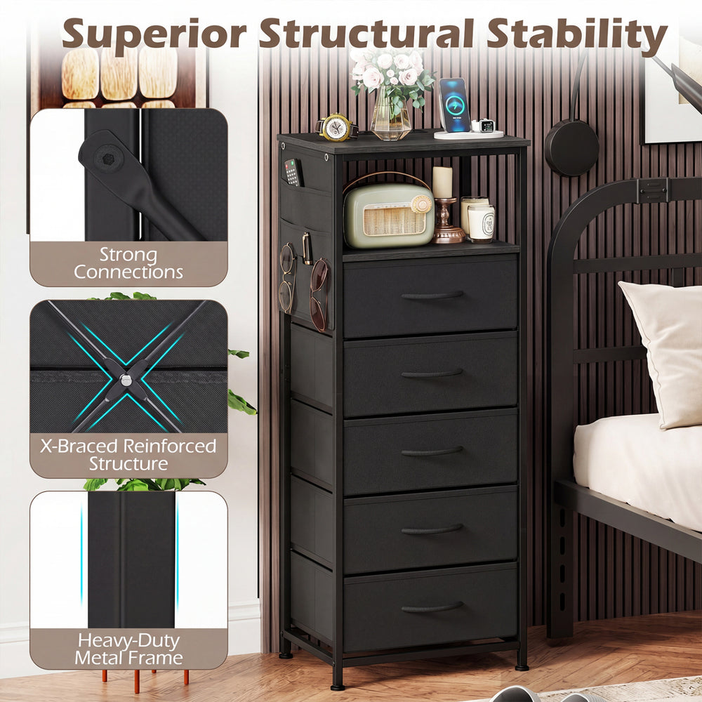 Nightstand with integrated charging station, featuring a heavy-duty metal frame, four fabric drawers, and stylish.