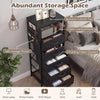 Modern black nightstand with integrated charging station, featuring 5 fabric drawers and open compartment for versatile.