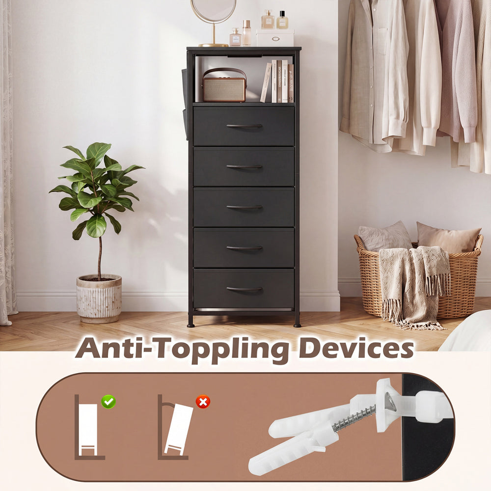 Nightstand with integrated charging station, featuring 4 fabric drawers and anti-toppling devices for safety and.