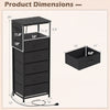 Dimensions of the black nightstand with integrated charging station, featuring 4 fabric drawers and a wide tabletop.