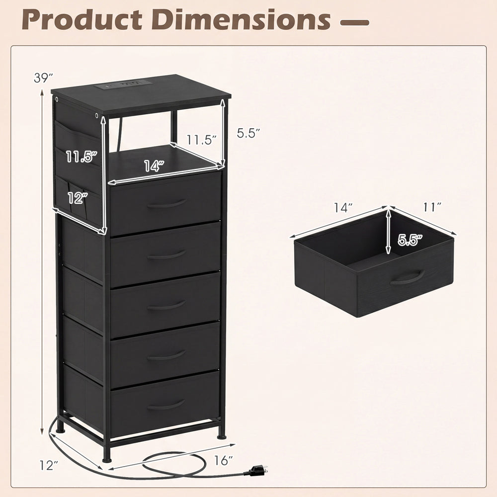 Dimensions of the black nightstand with integrated charging station, featuring 4 fabric drawers and a wide tabletop.