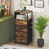 Nightstand with integrated charging station, rustic brown finish, featuring 4 fabric drawers and a wide tabletop for.