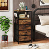 Modern nightstand with rustic brown finish, 4 fabric drawers, and integrated charging station for convenient bedside.