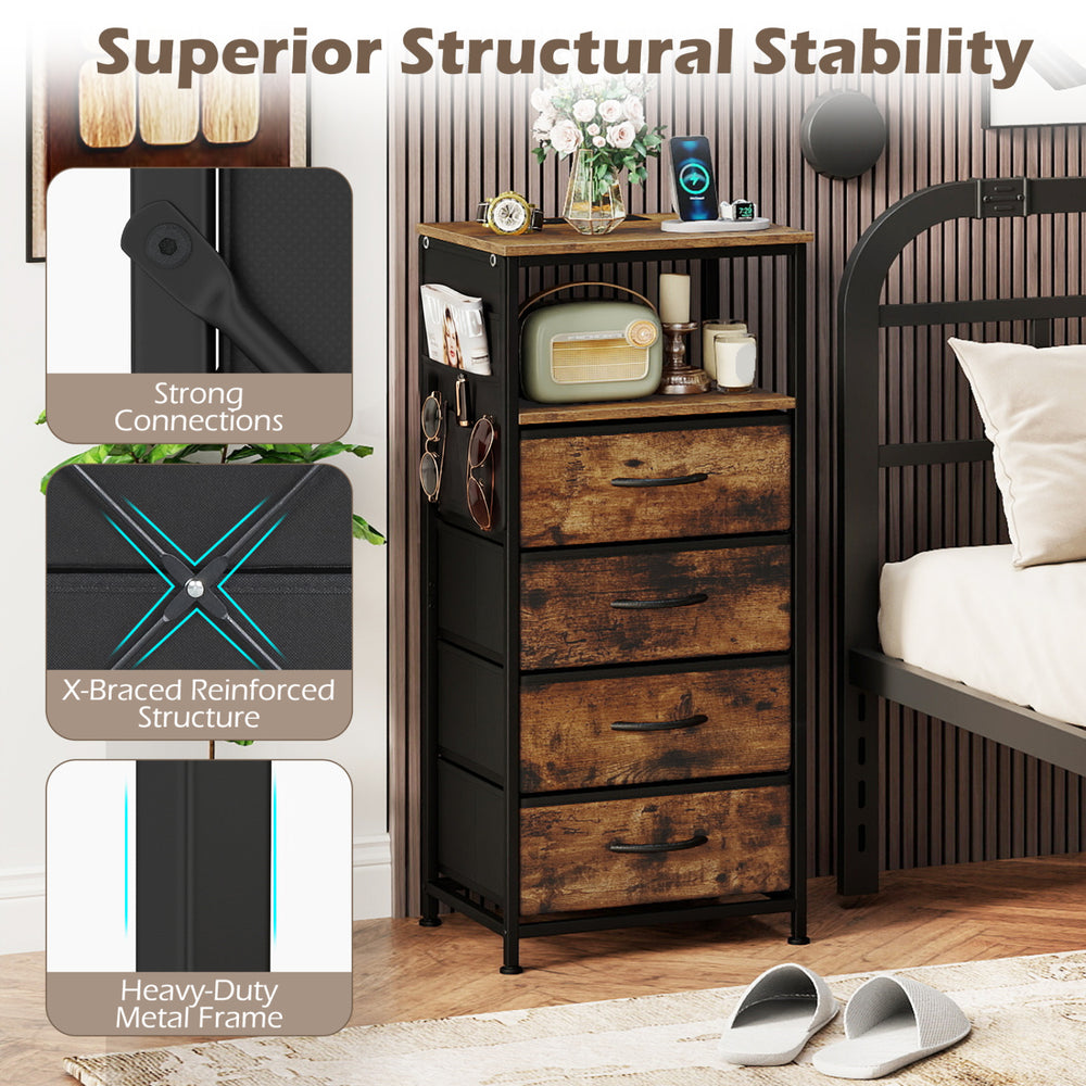 Nightstand with integrated charging station, rustic brown finish, featuring 4 fabric drawers and a sturdy metal frame.