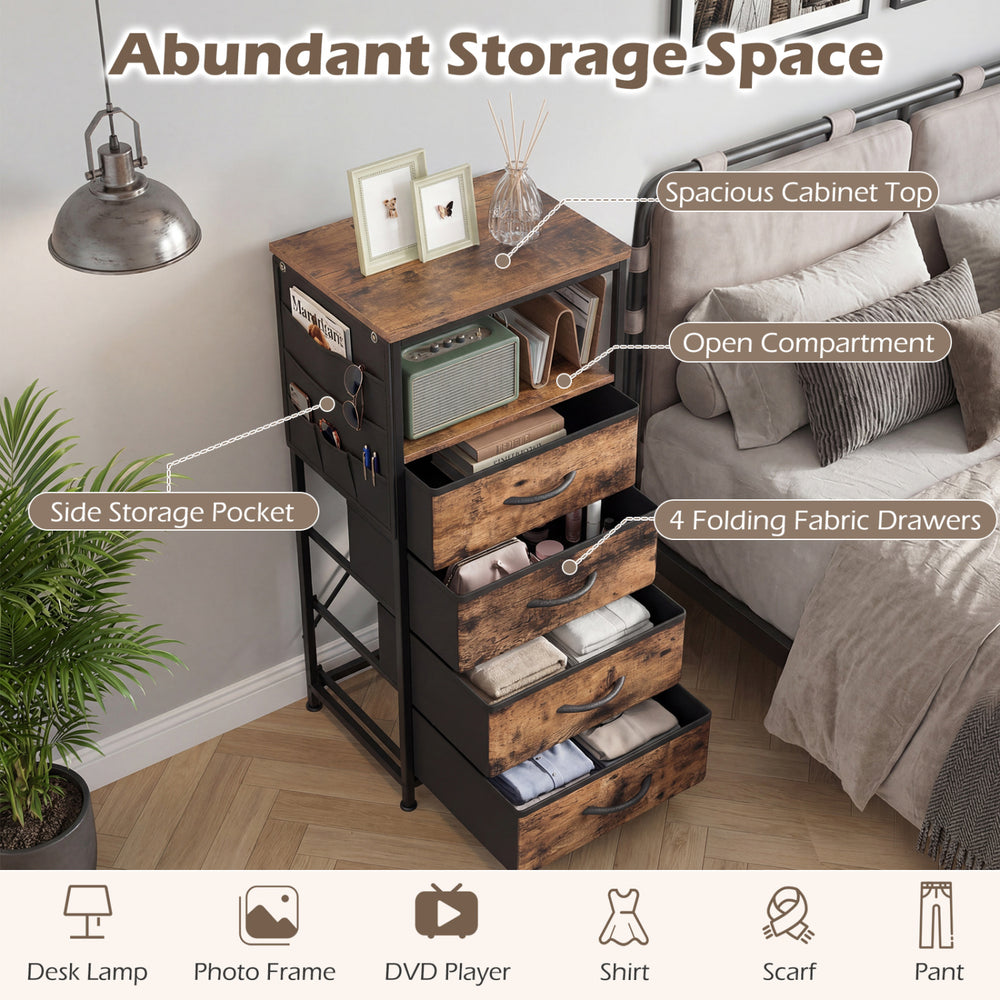 Nightstand with integrated charging station featuring 4 folding fabric drawers and a rustic brown finish for versatile.