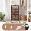 Nightstand with integrated charging station, featuring rustic brown finish, four fabric drawers, and anti-toppling.