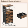Product dimensions of the 34" rustic brown nightstand with integrated charging station and four fabric drawers.