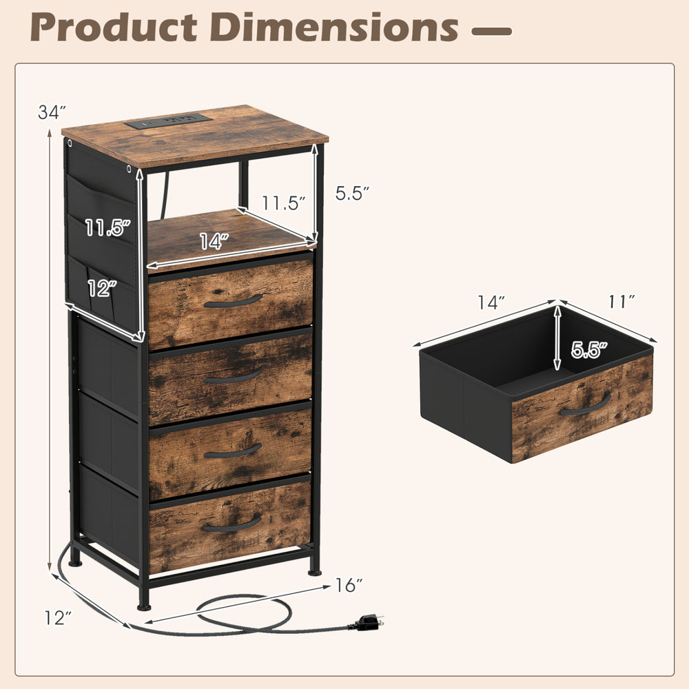 Product dimensions of the 34" rustic brown nightstand with integrated charging station and four fabric drawers.