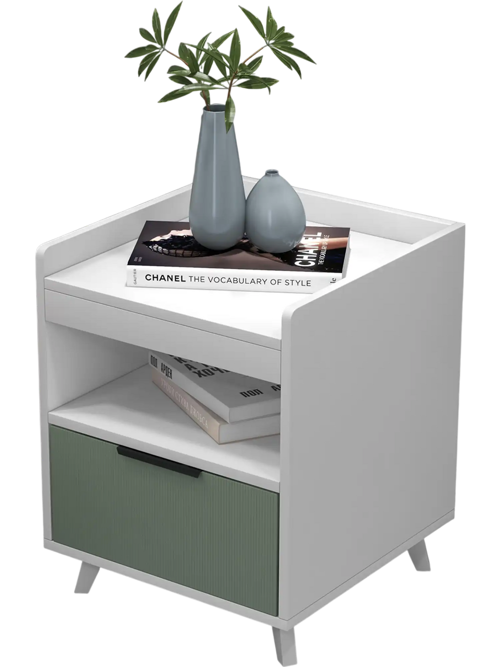 Modern nightstand with a sleek white finish, featuring an open compartment and LED lighting, perfect for stylish.