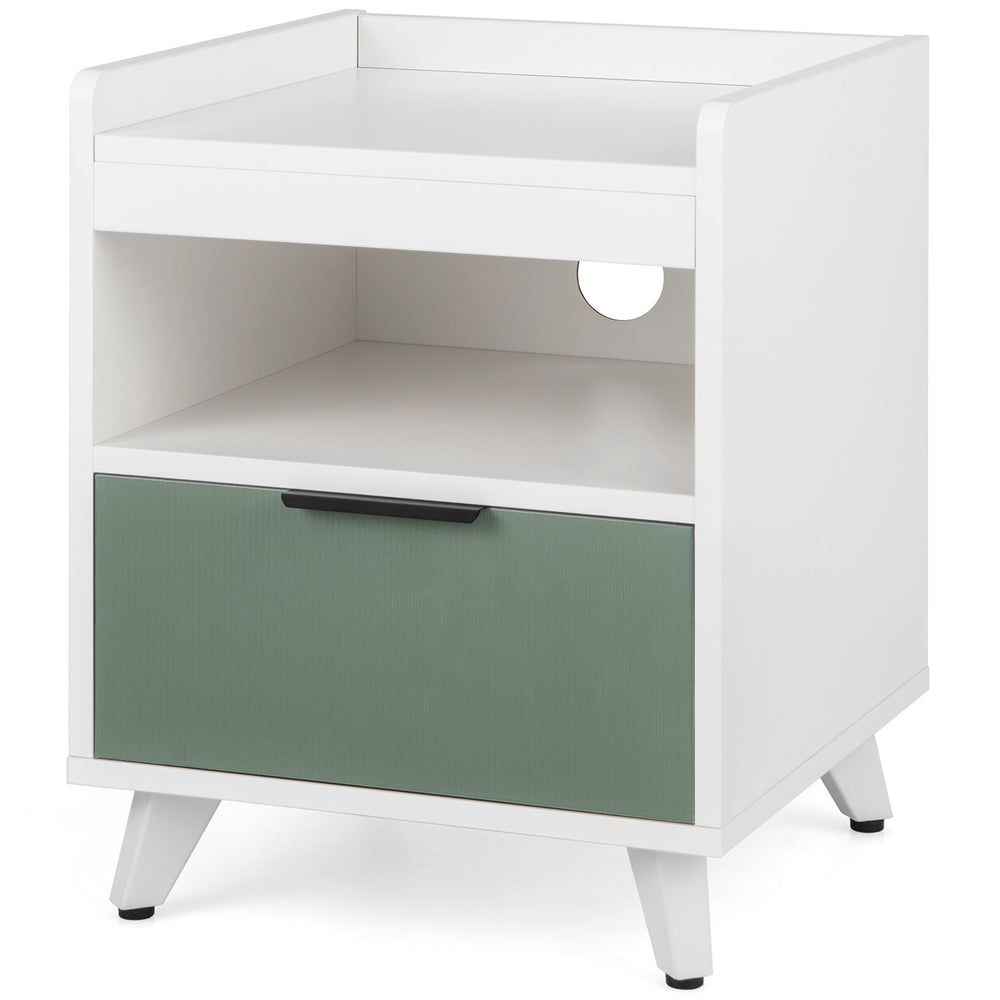 Modern nightstand in white with a sliding drawer, open compartment, and LED lights, ideal for bedroom or living room.