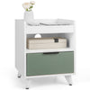 Modern nightstand in white with a sliding drawer, open compartment, and LED lights for convenient storage and access.