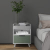 Modern nightstand in white with LED lights, sliding drawer, and open compartment, perfect for bedroom or living room.