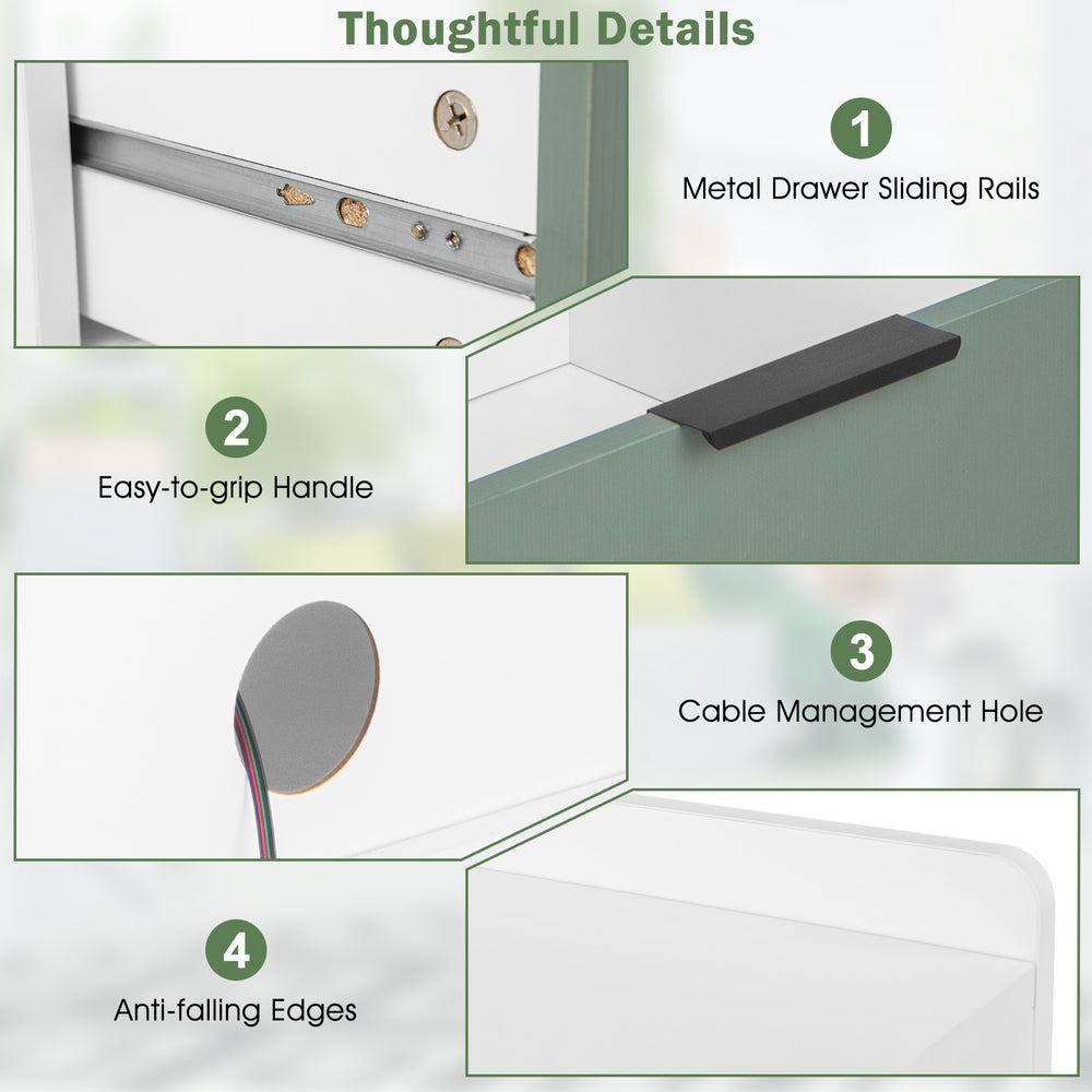 Close-up of the modern nightstand's cable management hole and easy-to-grip handle for organized storage and convenience.