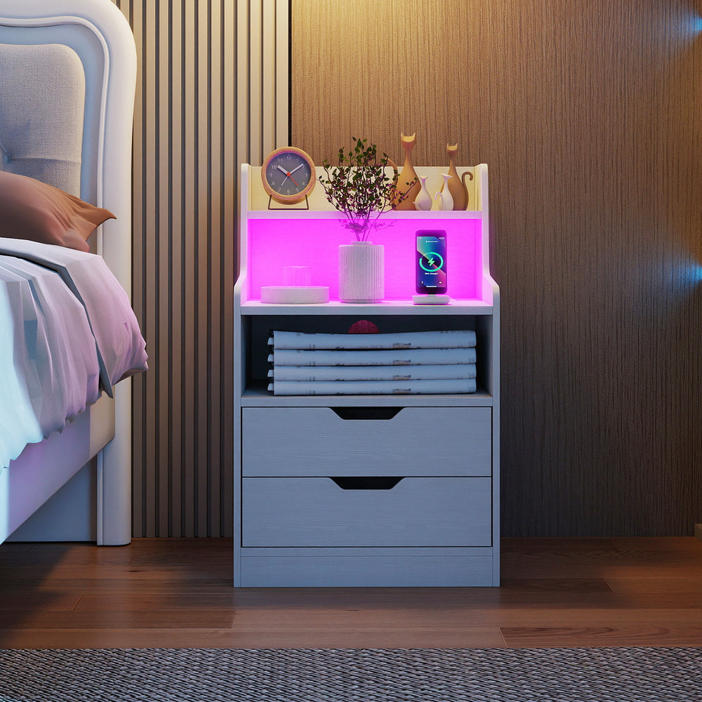 Nightstand with LED Light and Charging Station for Living Room Bedroom-White - Gallery View 1 of 10
