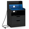 Nightstand in black with LED light, charging station, two drawers, and open shelf for organized bedside storage.