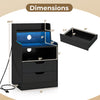 Dimensions of a black nightstand with LED light and charging station, featuring ample storage and anti-falling design.