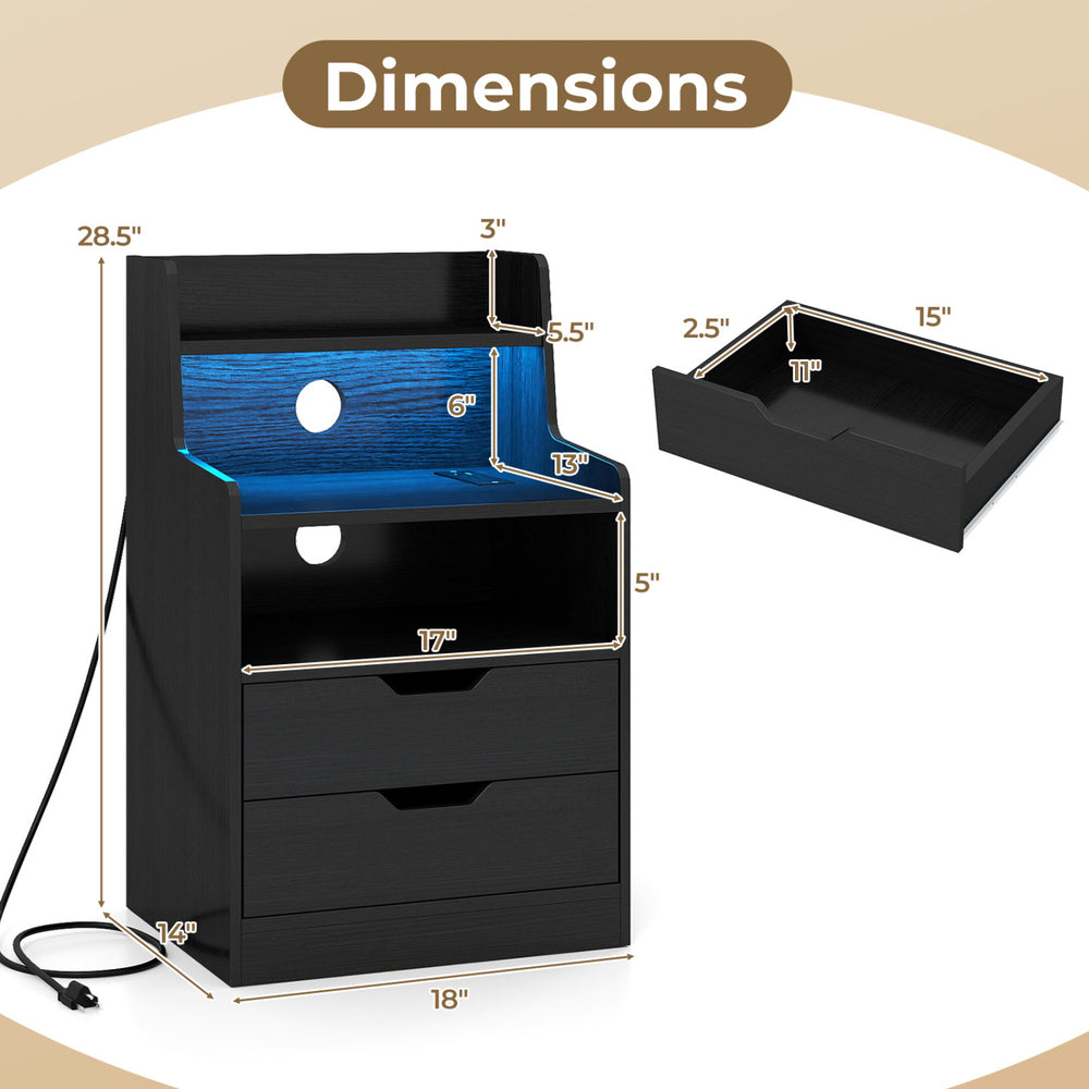 Dimensions of a black nightstand with LED light and charging station, featuring ample storage and anti-falling design.