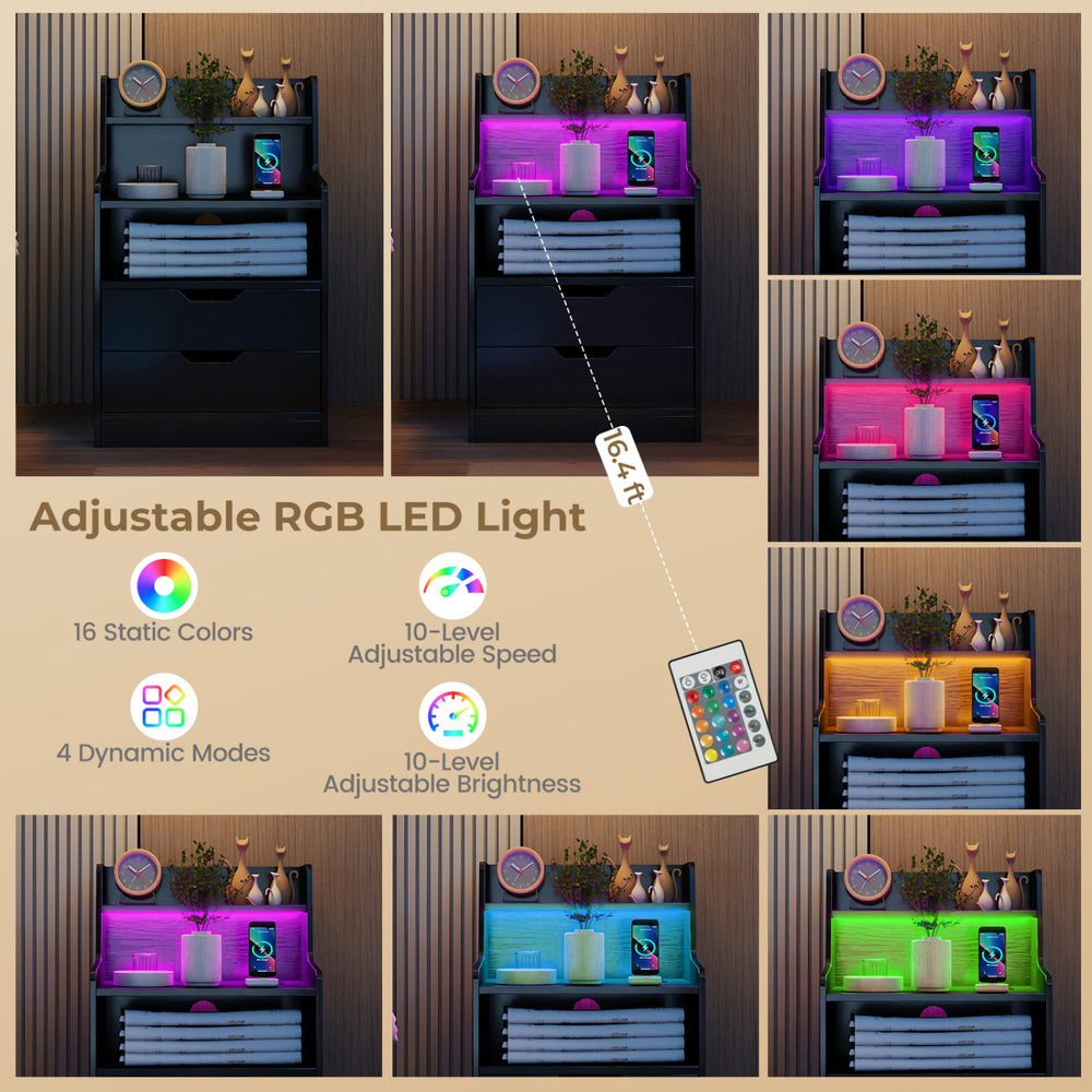 Nightstand with adjustable RGB LED light, built-in charging station, and ample storage for organized bedside space.