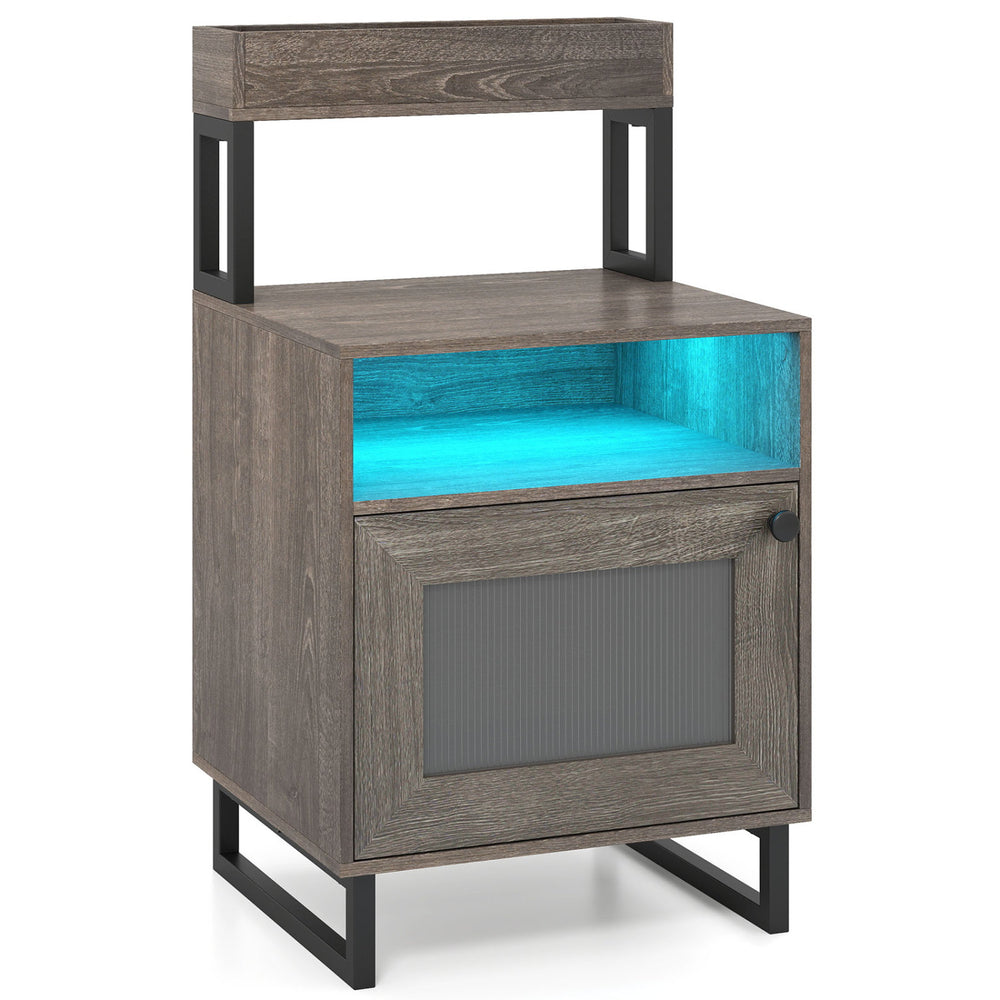 Modern gray nightstand with LED lights, open compartment, and storage cabinet for stylish bedside organization.