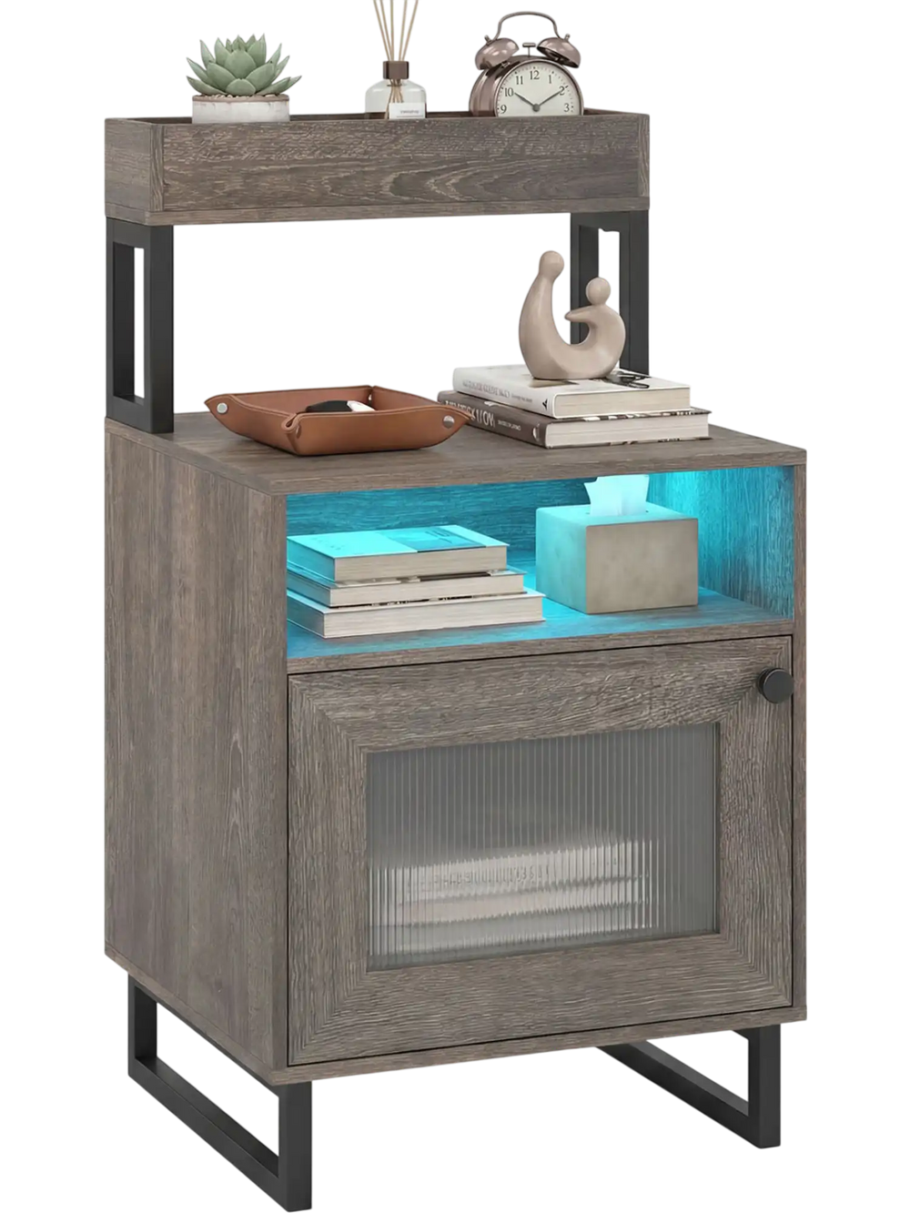 Gray nightstand with LED lights showcasing a raised shelf, open compartment, and enclosed cabinet for stylish bedside.