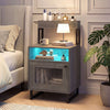 Modern gray nightstand with LED lights, open compartment, and storage cabinet for organized bedside essentials.