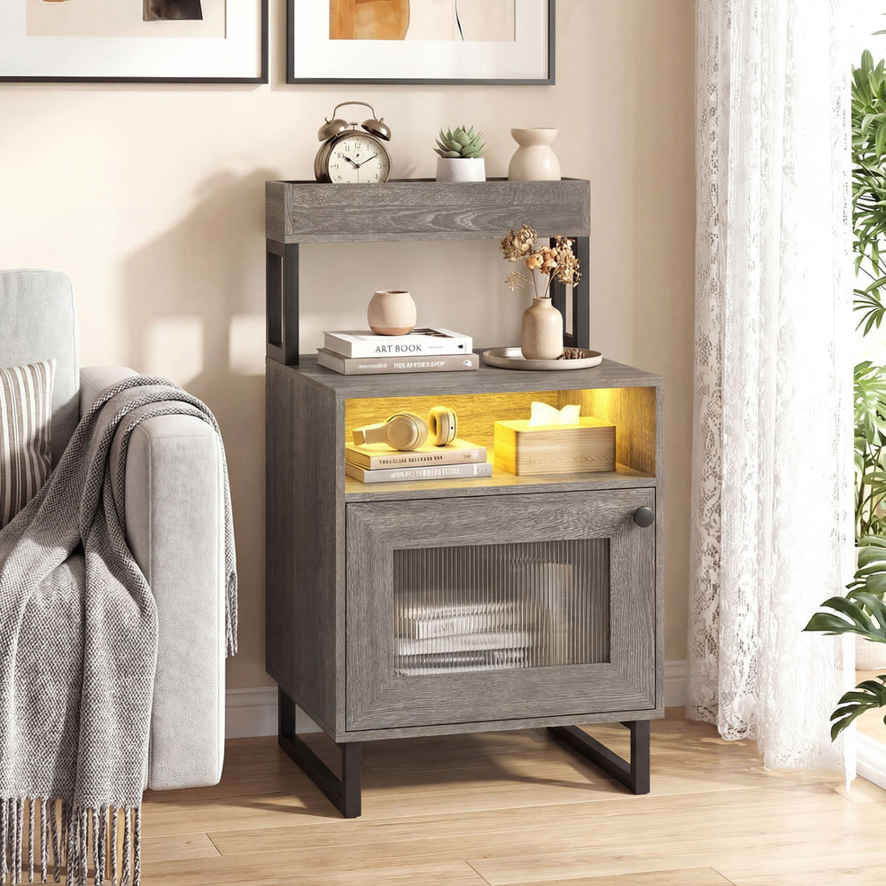 Nightstand with LED Lights Modern End Table with Top Tray Open Compartment and Storage Cabinet-Gray - Gallery View 1 of 10