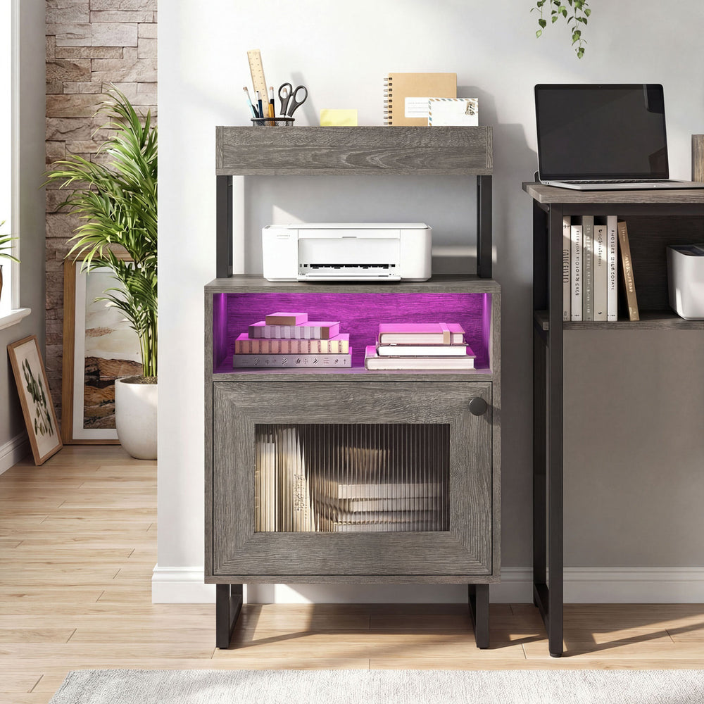 Gray nightstand with RGB LED lights, featuring a top tray and an enclosed cabinet for stylish and organized storage.