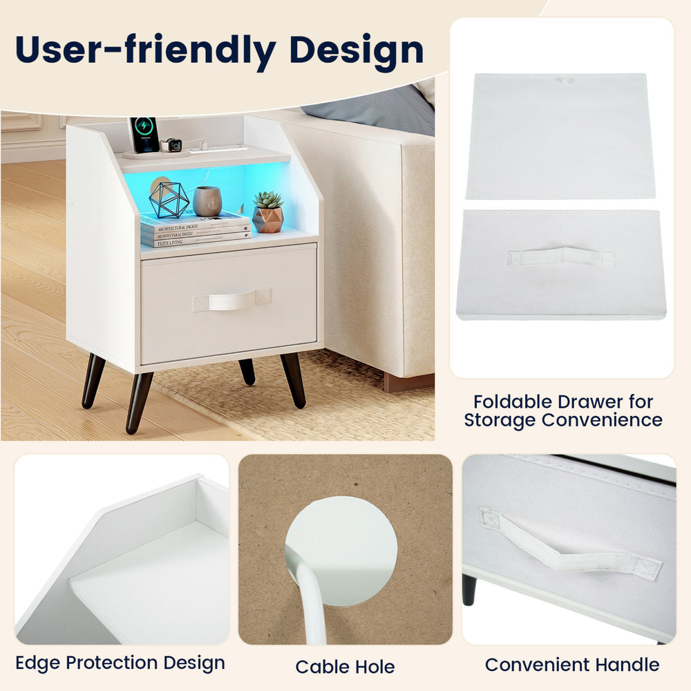 Nightstand with LED lights features a foldable fabric drawer, open shelf, and built-in charging station for convenience.