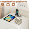 Modern white nightstand with power outlets, three drawers, and cable hole for organized charging and storage.