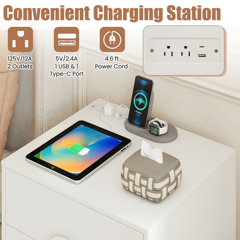 Modern white nightstand with power outlets, three drawers, and cable hole for organized charging and storage.