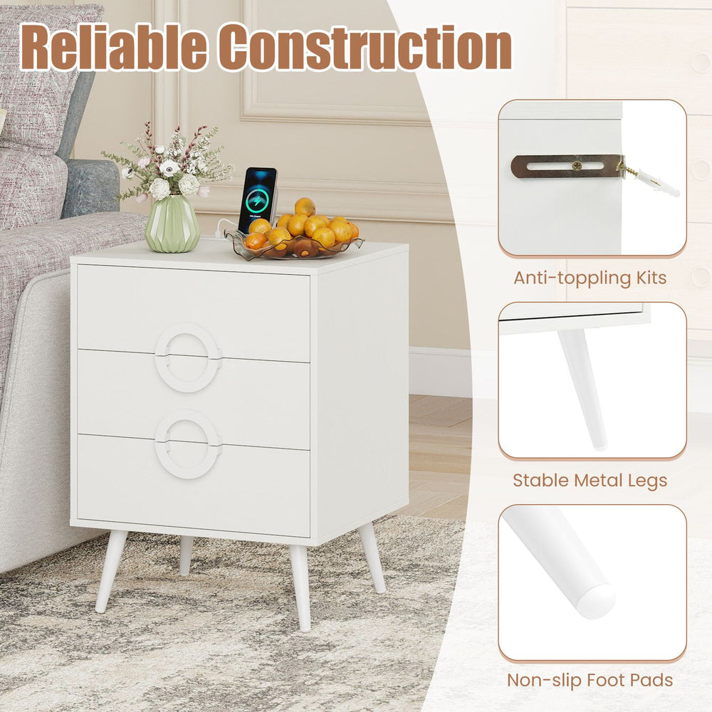 Modern white nightstand with three drawers, power outlets, and cable hole for organized charging and easy access.