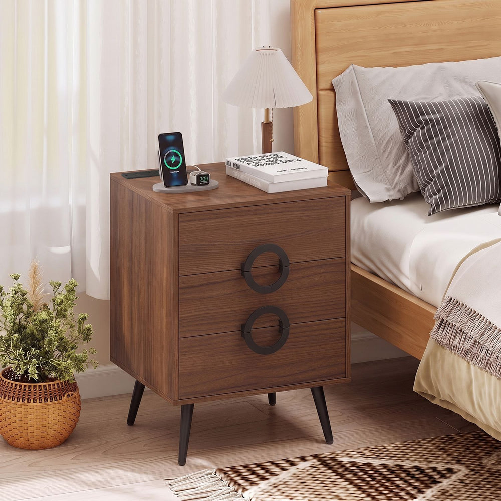 Nightstand with Power Outlets and 3 Drawers Modern Bedside Table with Cable Hole-Walnut - Gallery View 1 of 9