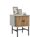 Mid-century modern nightstand with sliding doors, engineered wood, and metal legs, ideal for bedroom or living room.