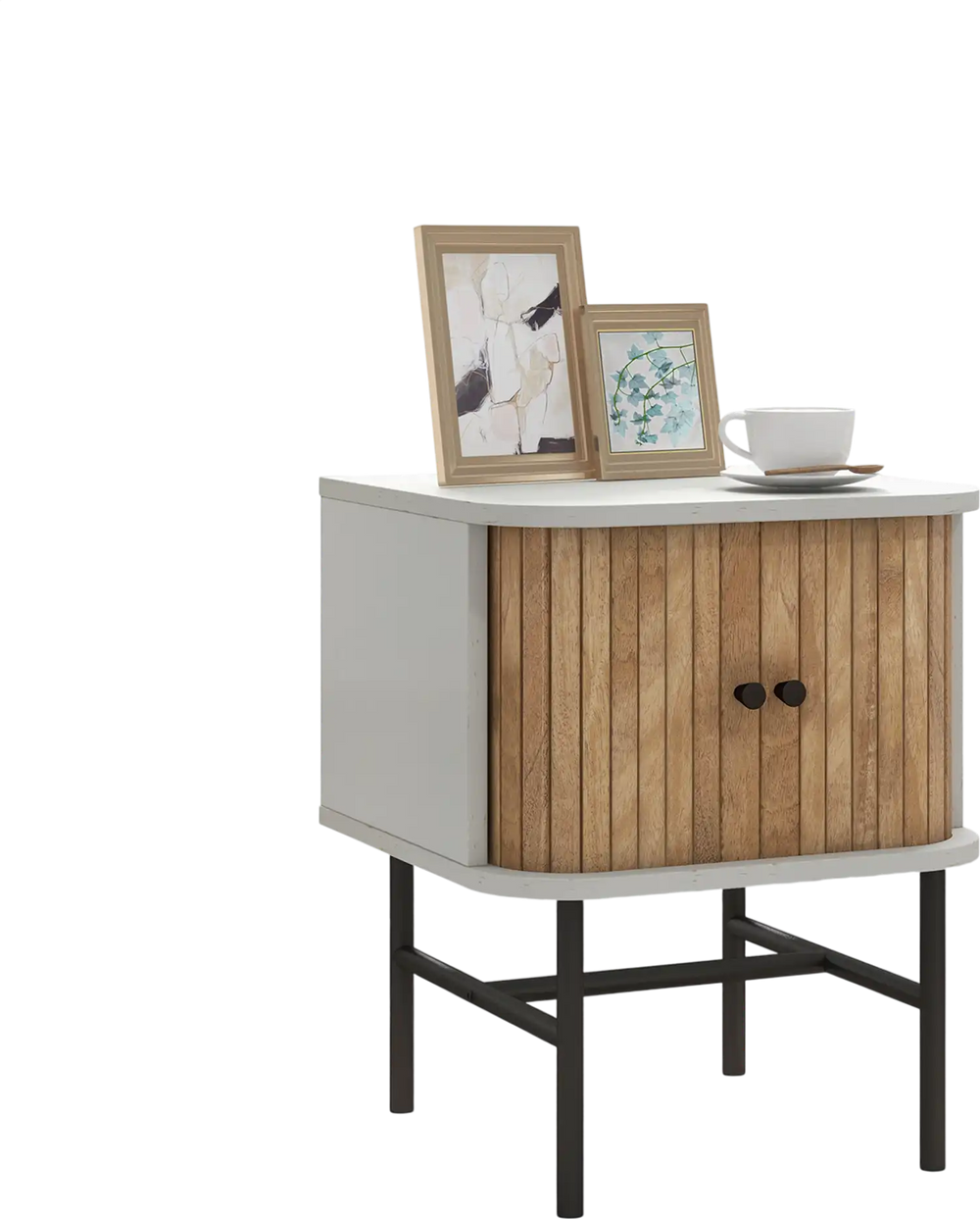 Mid-century modern nightstand with sliding doors, engineered wood, and metal legs, ideal for bedroom or living room.