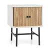 Mid-century modern nightstand with sliding doors, engineered wood, and metal legs for versatile bedroom storage.
