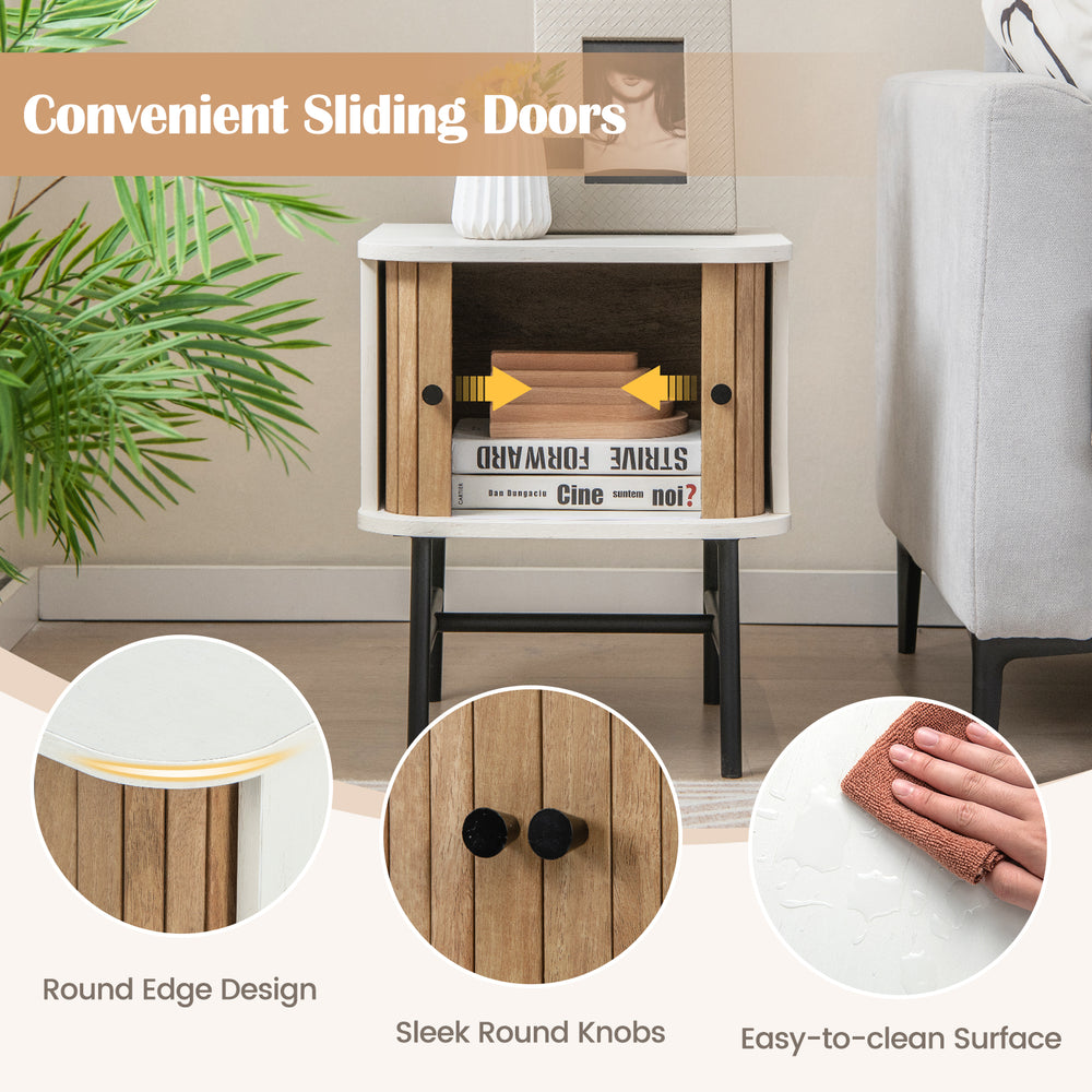 Mid-century modern nightstand with sliding doors, engineered wood, and metal legs for convenient storage in small.