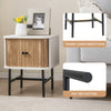 Mid-century modern nightstand with sliding doors, engineered wood, and powder-coated metal frame for versatile storage.
