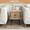 Mid-century modern nightstand with sliding doors, compact design, and durable engineered wood for versatile storage.