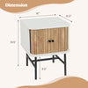 Mid-century modern nightstand with sliding doors, white and wood finish, ideal for compact storage in small spaces.