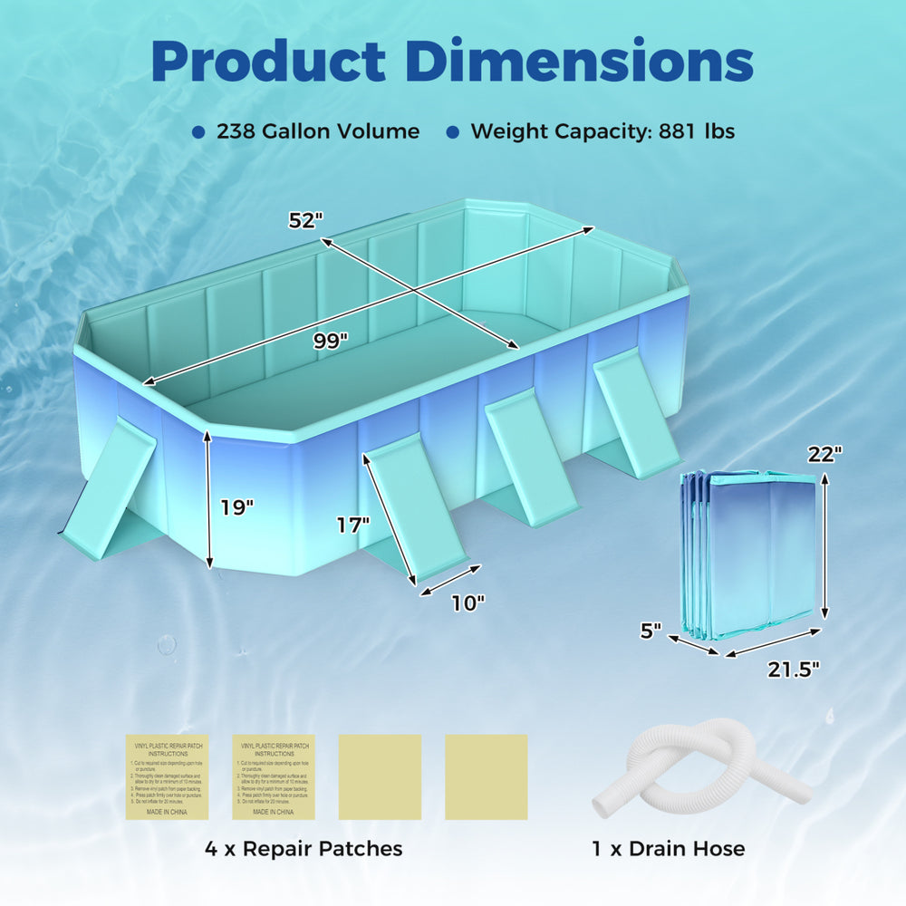 Product dimensions of the portable non-inflatable swimming pool with 238-gallon capacity and 881 lbs weight support.
