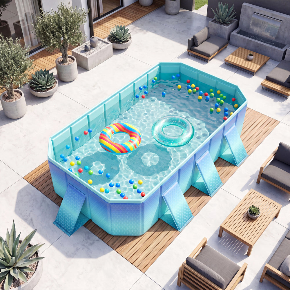 Portable non-inflatable swimming pool with 24 wall panels, featuring colorful balls and floaties for outdoor fun.
