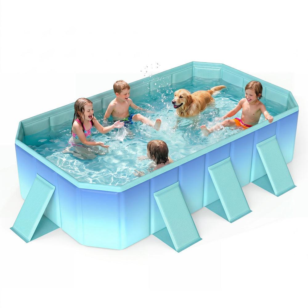 Non-inflatable portable swimming pool with children and a dog, featuring 24 wall panels and a gradient design for.